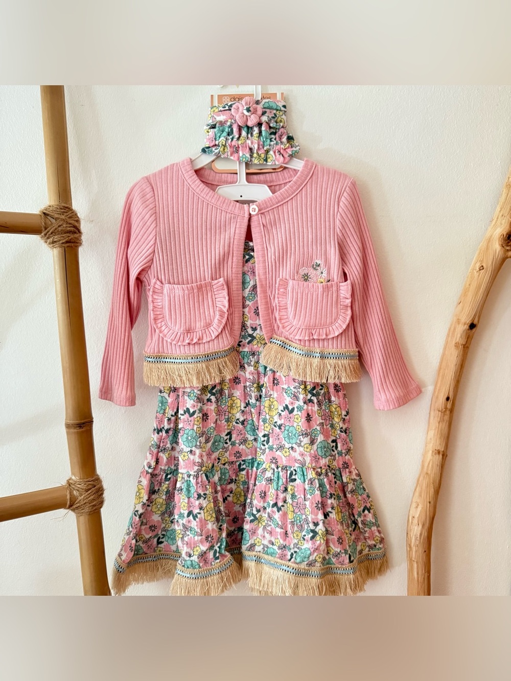 New, 4pc Pink Baby Girl Floral Dress set, Cardigan, Headband & bloomers, Sz 18M